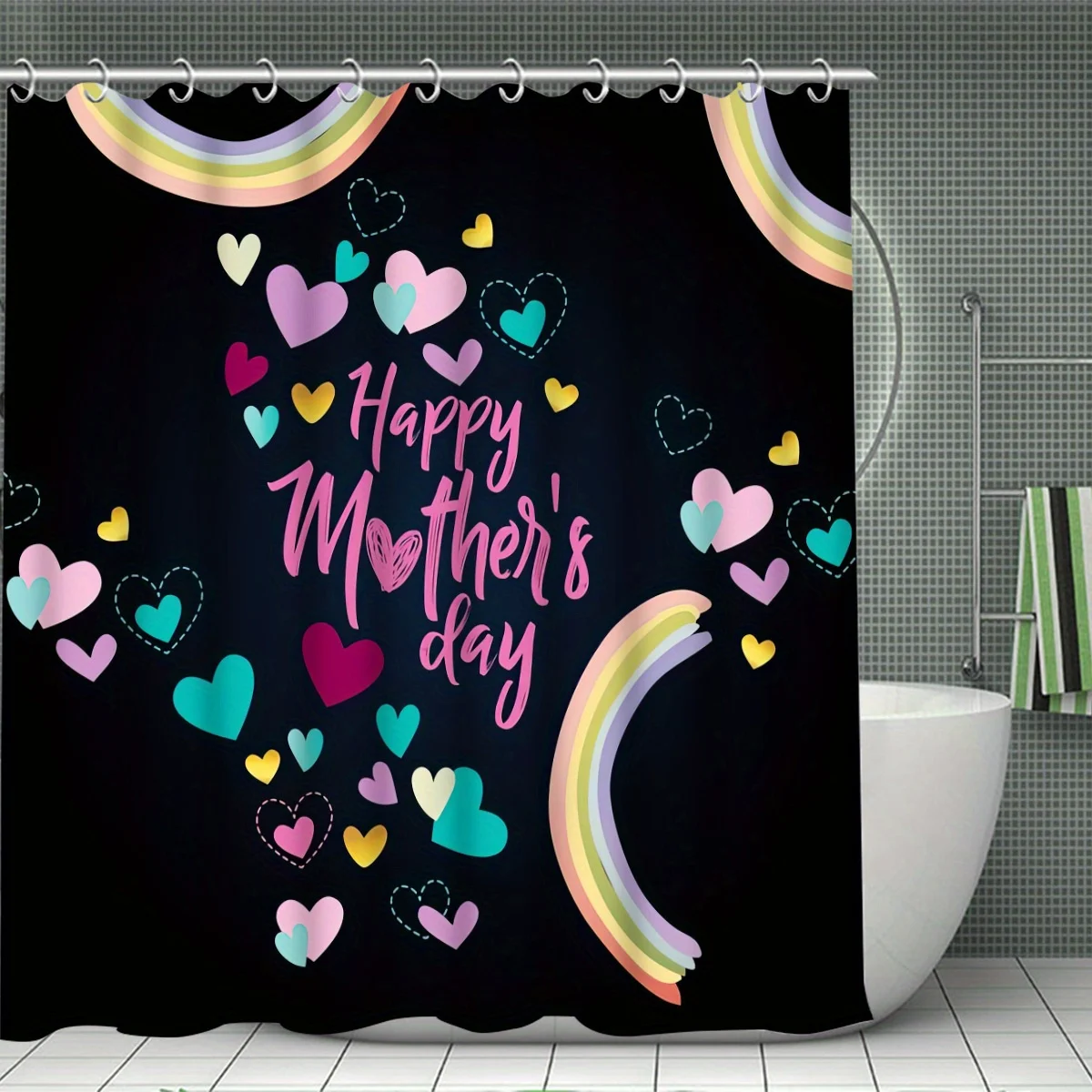 Happy Mother'S Day Shower Curtain Set with 12 Hooks --Shower Curtain, Bath Mat, Toilet Seat Cover And U-Shaped Rug -- Machine
