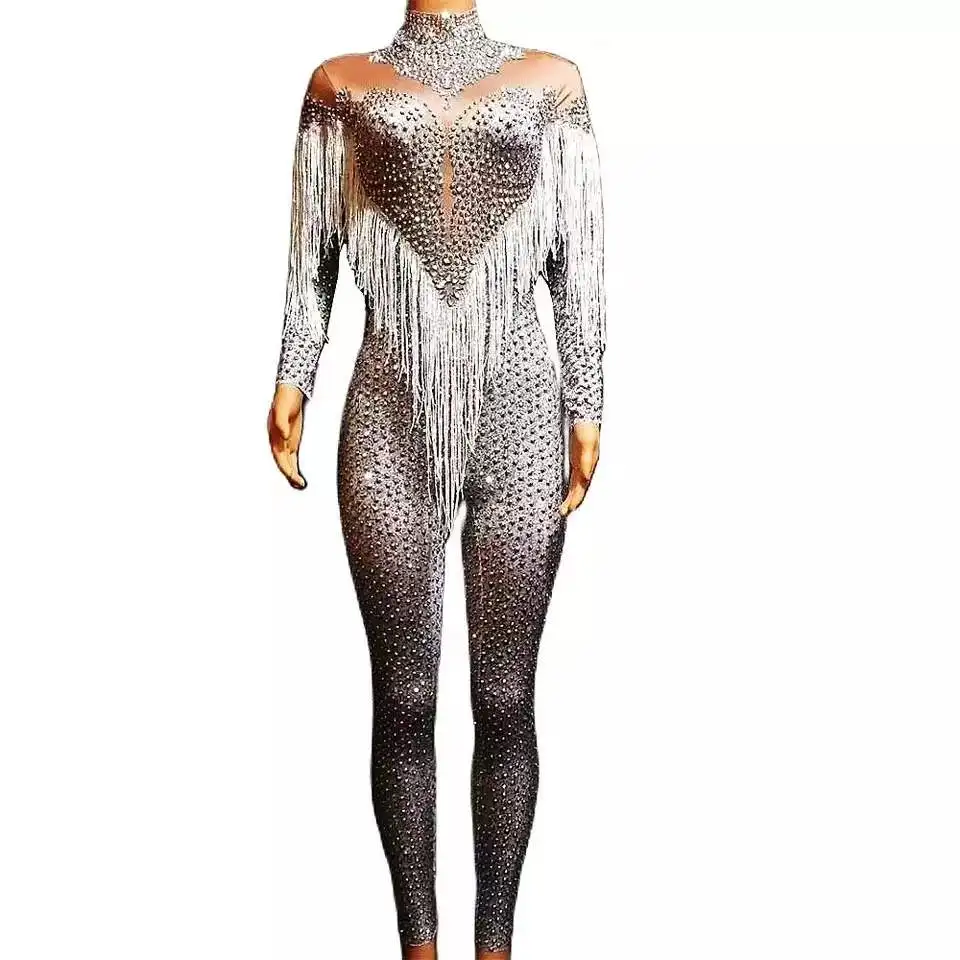 

Long Sleeve Silver Fringes Bodysuits Nightclub Costumes Evening Prom Outfit Sparkling Rhinestones Skinny Elastic Women Jumpsuits