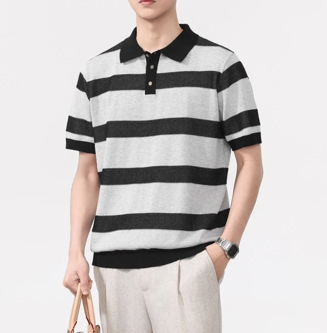 

Natural Hemp Texture Contrasting Color Thick Striped Lapel Knitted Sweater Men's Short-sleeved T-shirt 2026 Summer New Top Men's