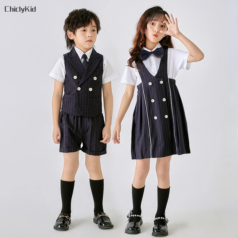 

Boys Summer School Uniform Vest Shirt Shorts Girls Suspender Skirt Dress Kids British Kindergarten Clothes Sets Child Outfits
