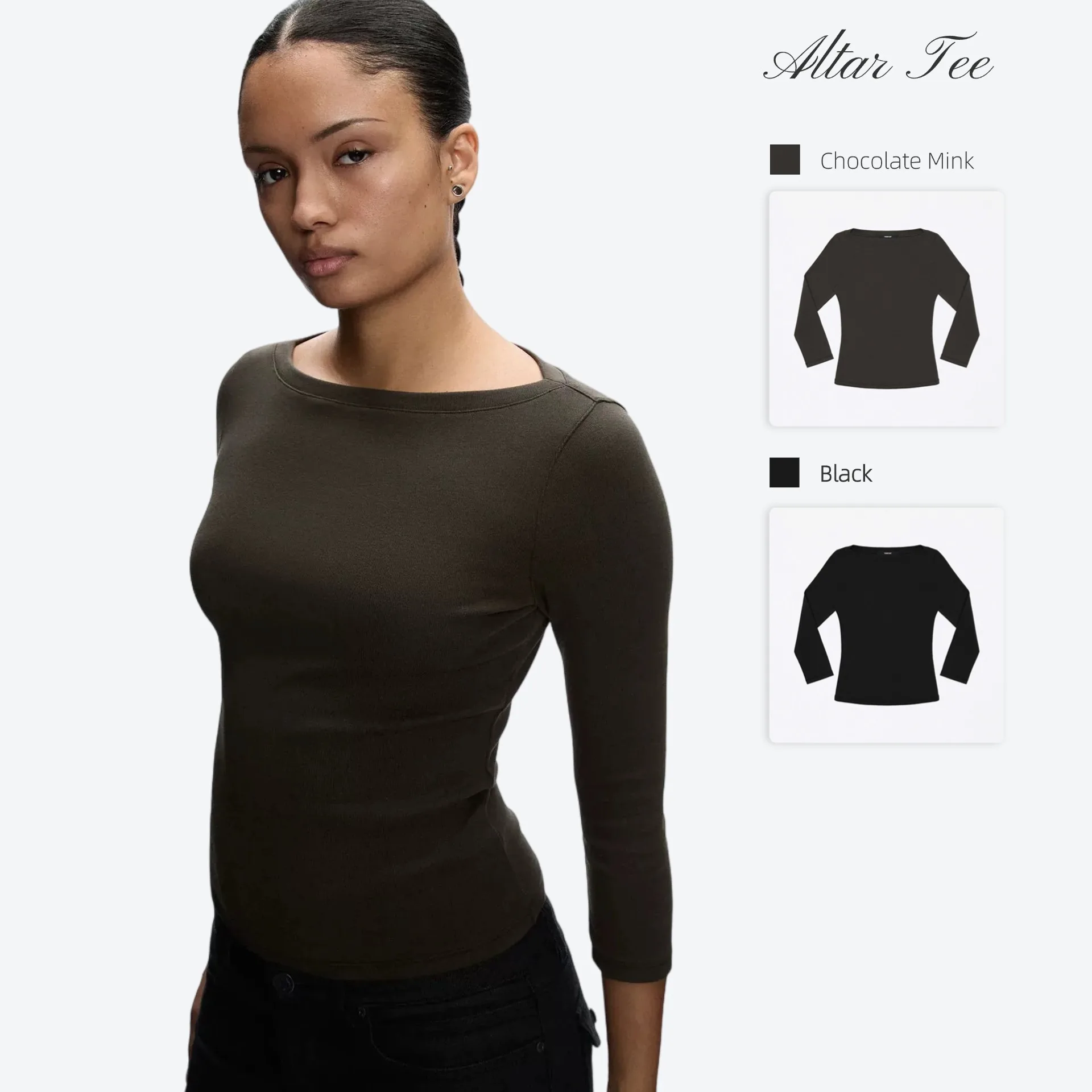 Tank Dark Brown Boat-Neck Tank Top with Three-Quarter Sleeves Minimalist Black Off-the-Shoulder Cropped Base Layer Fitted Design