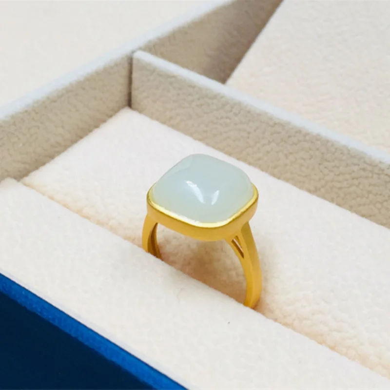 

S925 Silver -Plated Matte Women Inlaid With Hetian Jade Square Ring Gold