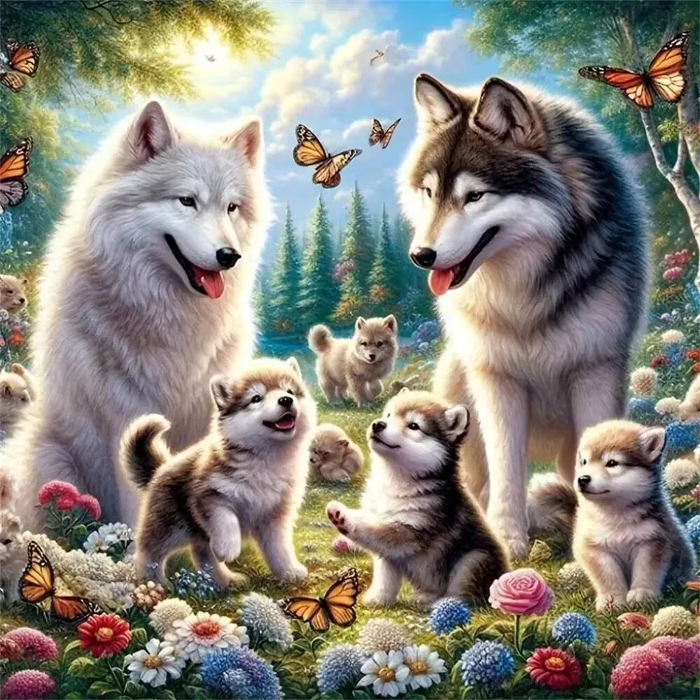 

Husky Family Jigsaw Puzzle, Fluffy Adult Dogs and Playful Puppies in a Flower Meadow Art for Living Room Wall Decor
