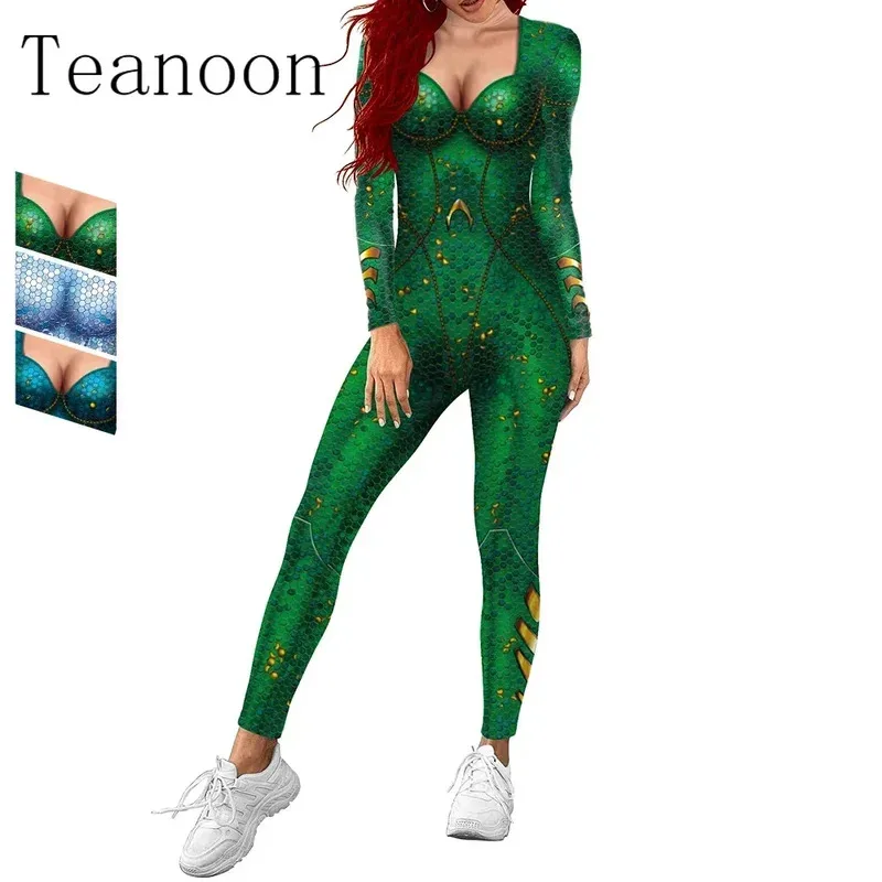 

2025 New Cosplay 2024 New Jumpsuit Women Bodysuit Carnival Green Digital Printing Female Holiday Party Long Sleeve Cosplay Funny