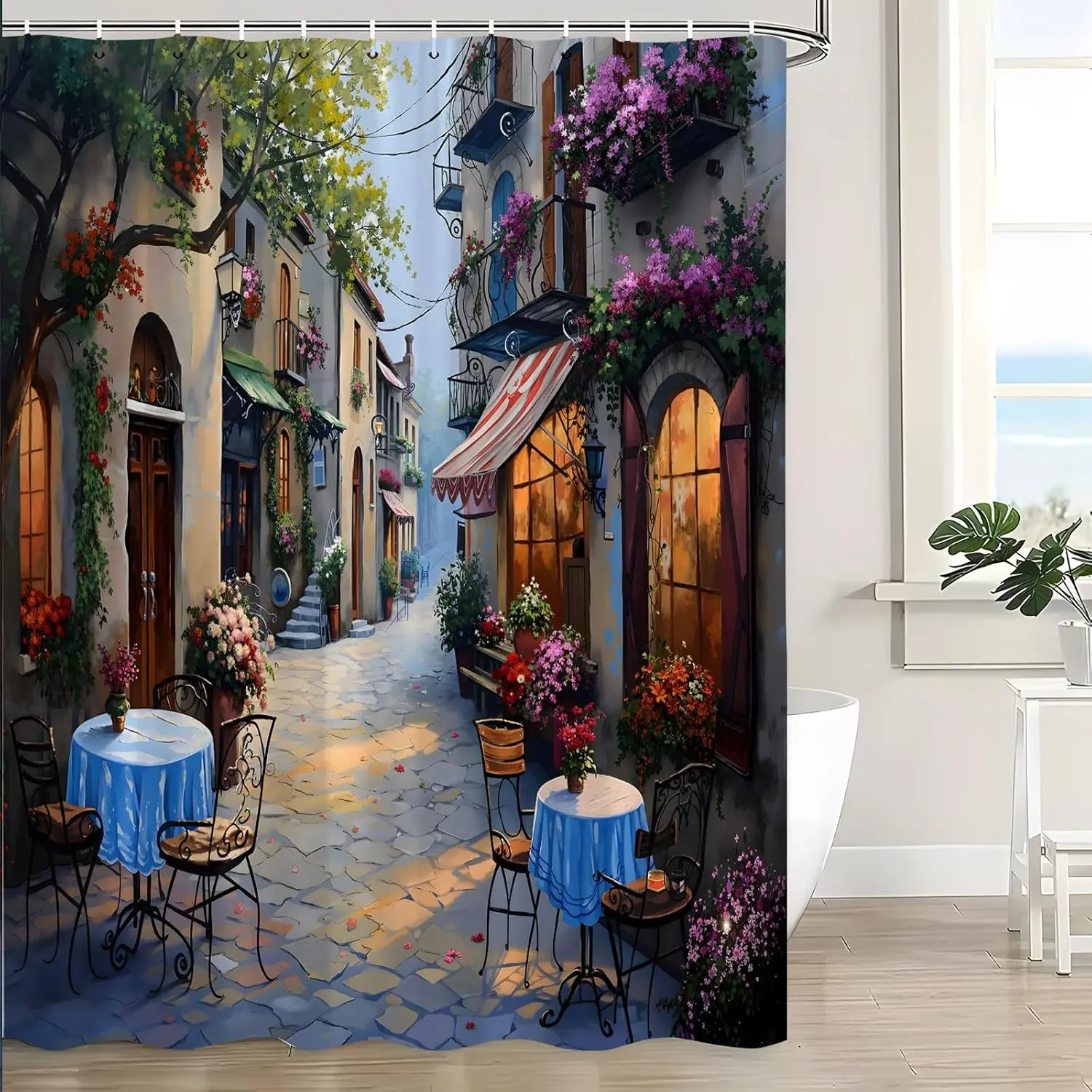 

Paris Shower Curtain Romantic City Street Scene Oil Painting Vintage France Building Flower European Modern Aesthetic Art Bath