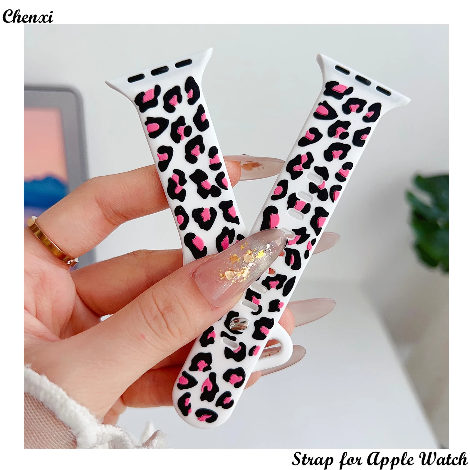 New Silicone Strap for Apple Watch Band Girls Fashion Glue Colorful Leopard Print Bracelet with Iwatch Women Soft Sport Wrist