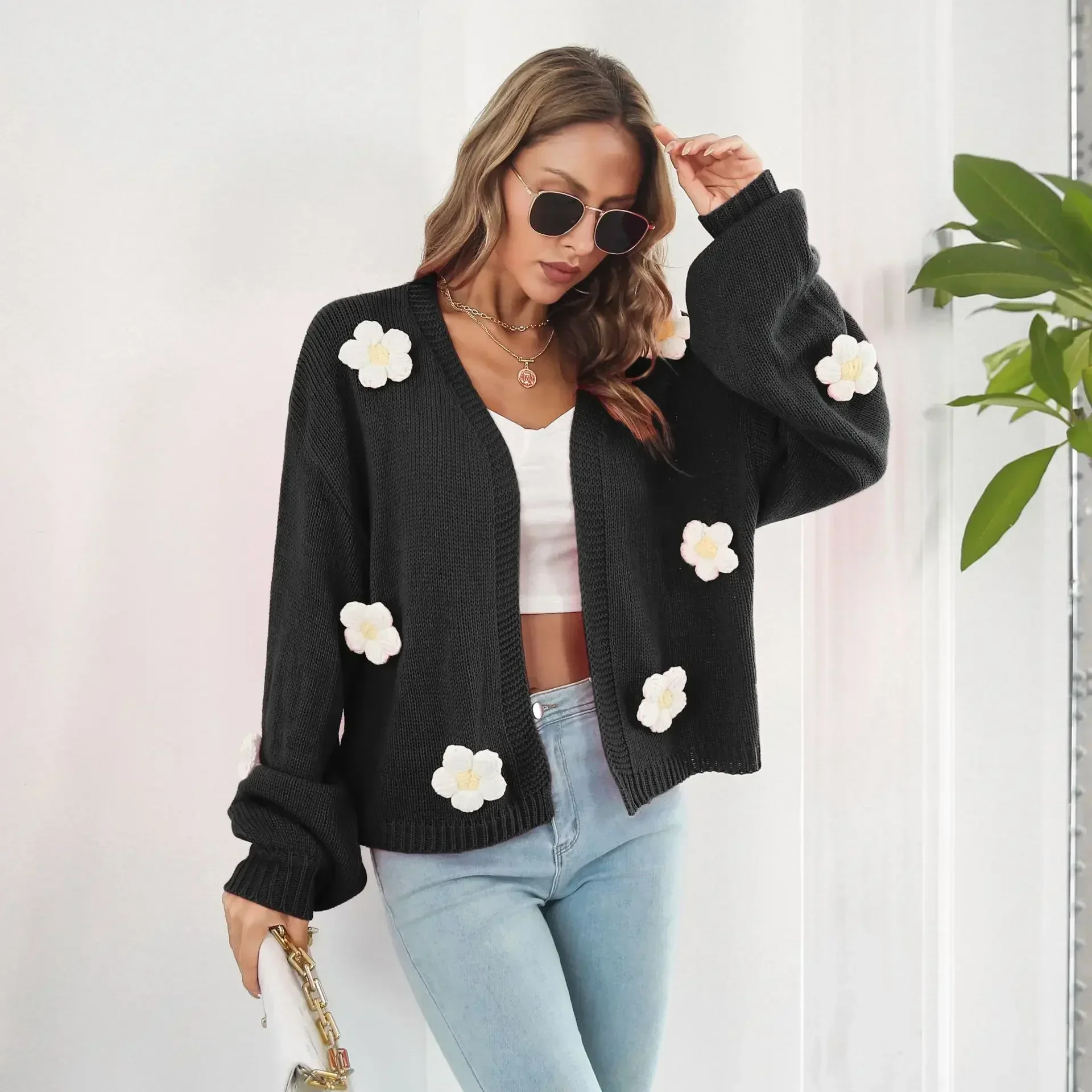 3d flowers cardigan crochet cardigan fleurs 3d flower Sweater Women Sweater Winter Autumn Cardigan Lantern Sleeve Jumper Coats