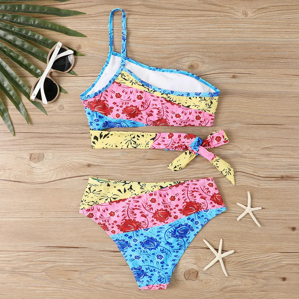 2025 Sexy Women High Waist Summer One Shoulder Asymmetrical Two Piece Swimsuit Fashion Beach Panties Se