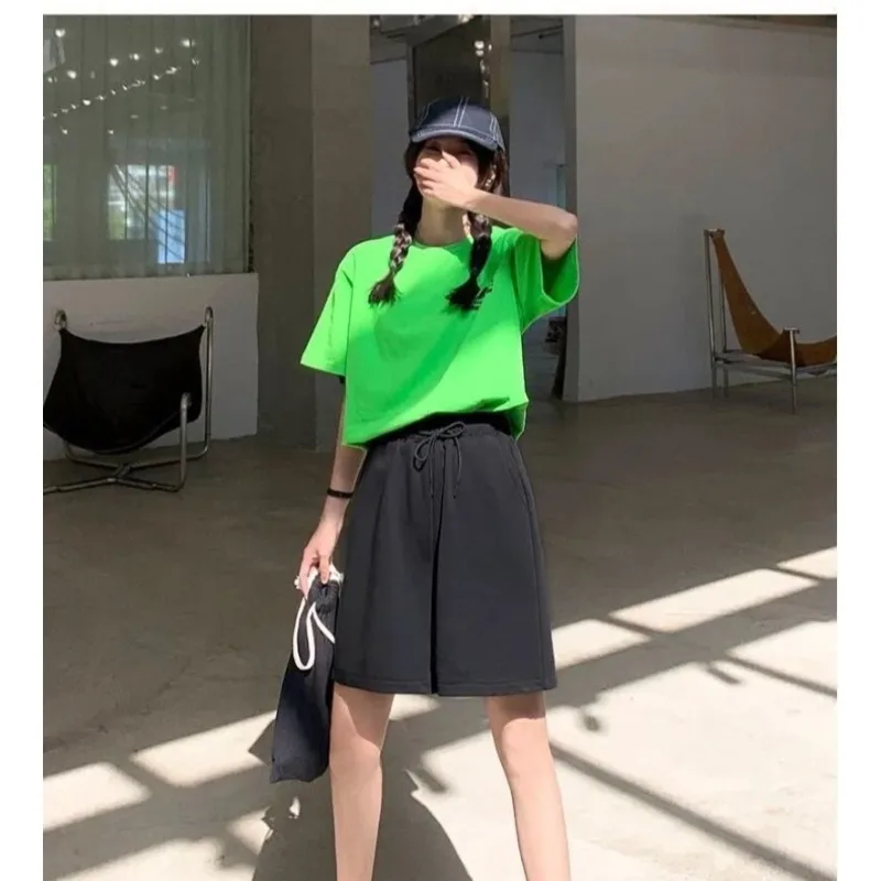 Summer loose high waist hanging feeling slimming wide leg five quarter pants straight leg solid color mid pants