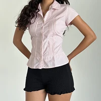 Camisa ajustada de verano para mujer, Tops plisados con botones y solapa de manga corta de Color sólido, ropa de calle