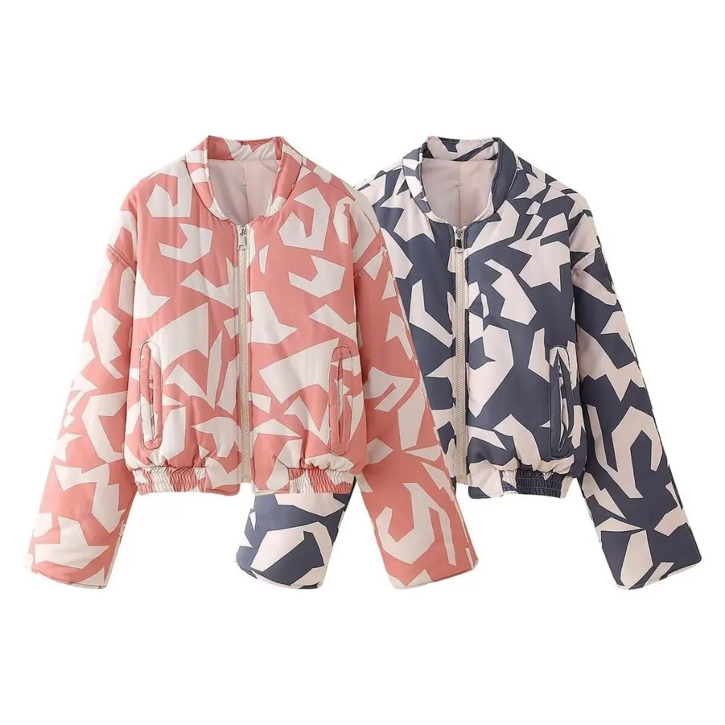 

Women's Geometric Pattern Cotton-Padded Jacket Autumn Street Fashion Short Zipper Coat European American Style
