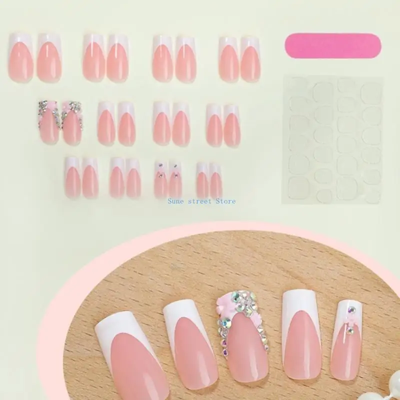 23GF 24 piezas Presiones elegantes punta francesa en las uñas con diamantes imitación y acentos flores 3D Cobertura