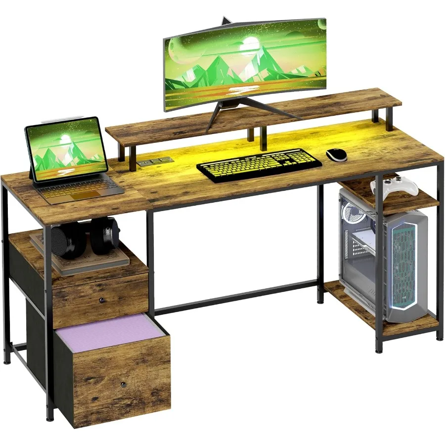 61 مكتب كمبيوتر مع أضواء LED منافذ طاقة منافذ USB مكتب ألعاب مع أرفف تخزين حامل شاشة خزانة ملفات قماشية Dra #1