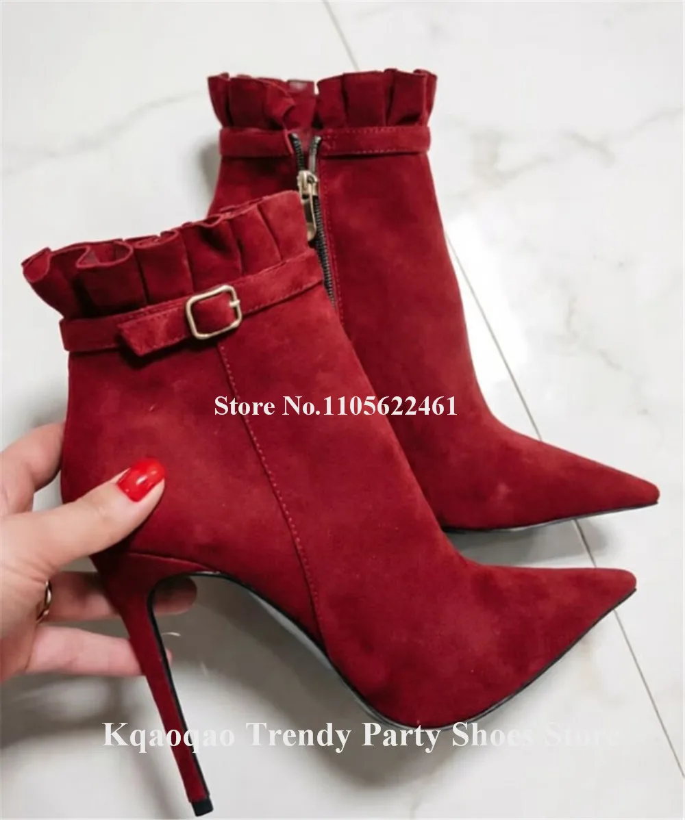 Kqaoqao Elegant Red Black White Suede Ruffles Stiletto Heel Short Boots Pointed Toe Zipper-up Thin Heel Ankle Booties