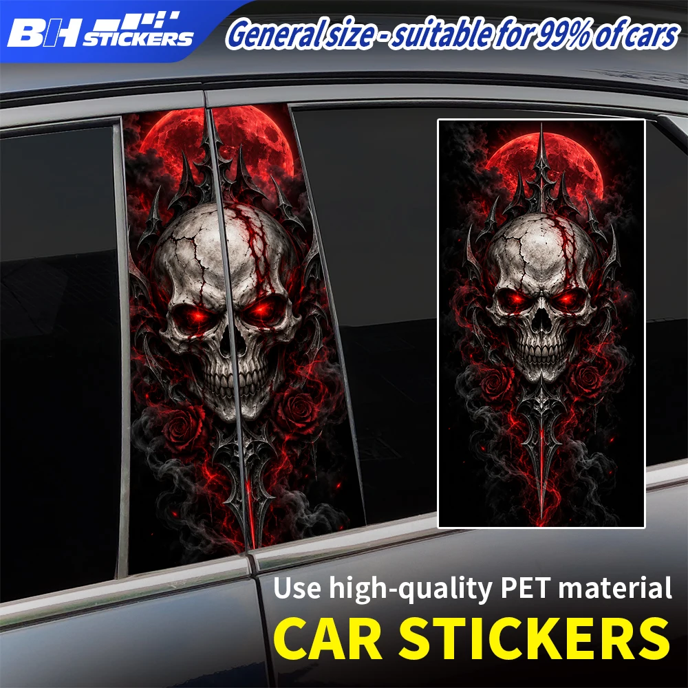 Red Eyes Skull Roses Car B Pillar Sticker 2Pcs Vinyl Window Middle Column Decal Universal Auto Exterior Decoration Accessories