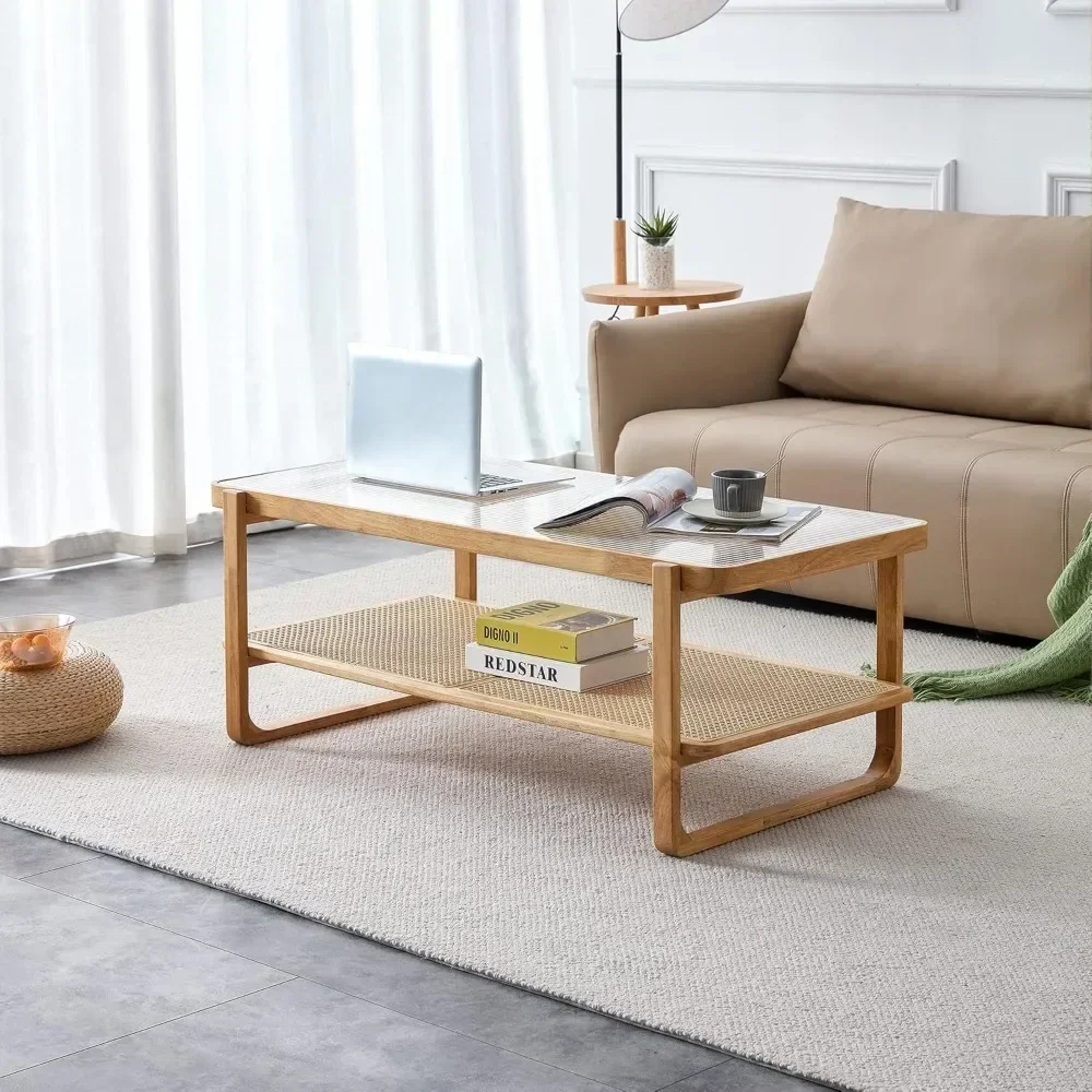 Rattan Coffee Table with Tempered Glass Top,Wood Coffee Table ,Glass Top Coffee Table with Imitation Rattan Storage Shelf