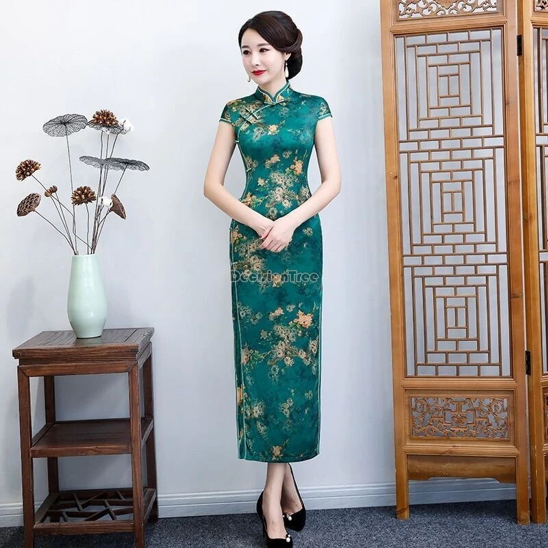 

Лето 2022, новое элегантное женское утягивающее платье Cheongsam в стиле ретро, длинное платье Ципао с воротником-стойкой и короткими рукавами с цветочным принтом