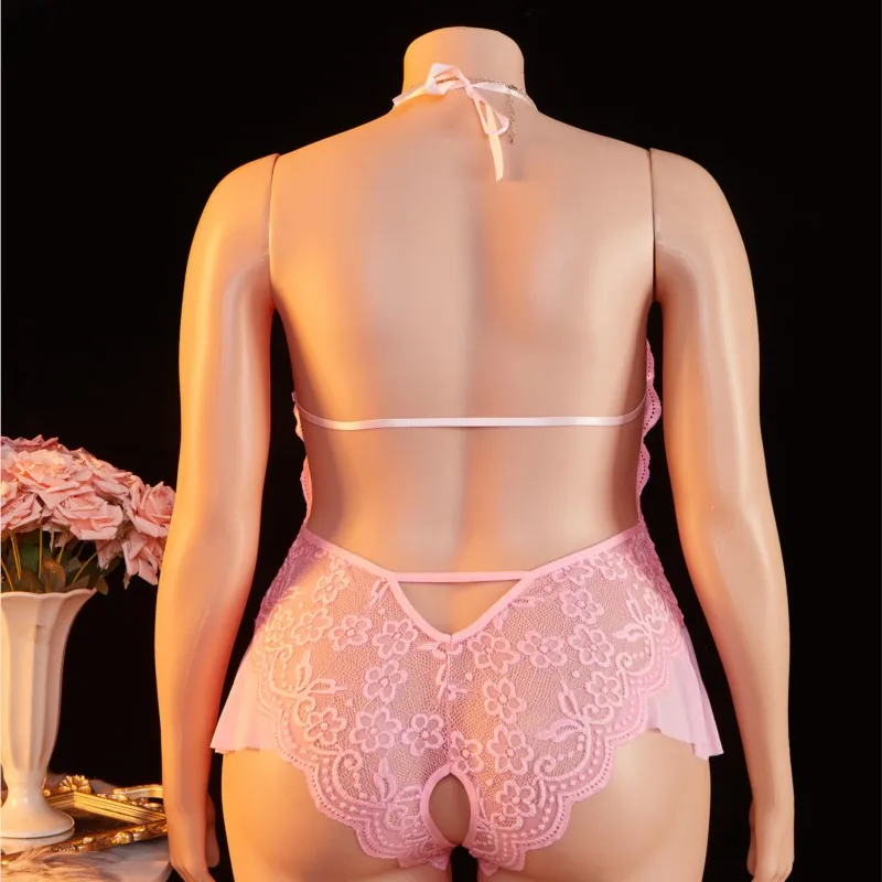Plus Size 1XL-4XL Teddy perspective Sexy Lingerie Women Crotchless Deep V Lace Hollow Bodysuit Underwear Set Erotic Costumes view 4
