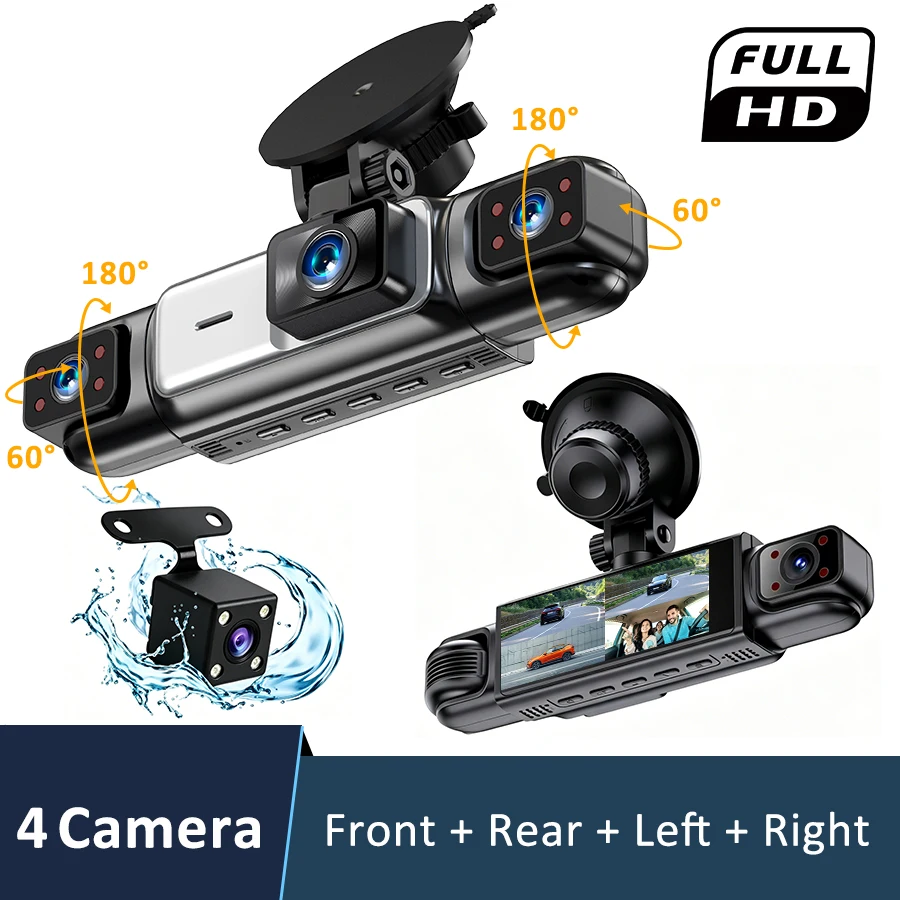 Panoramic 3/4 Lens Channel 1080P HD Ultimate Safety Dash Cam Set, 1080P Front and 720P Full Coverage Front, Rear, Left, and Righ