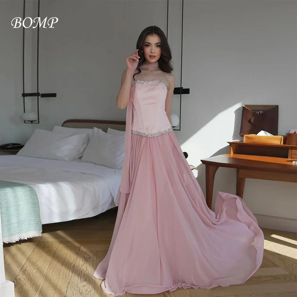 

BOMP Exquisite Beading Wedding Party Dress Strapless Corset Tiered Draped A-Line Satin Special Occasion Evening Gown Customized