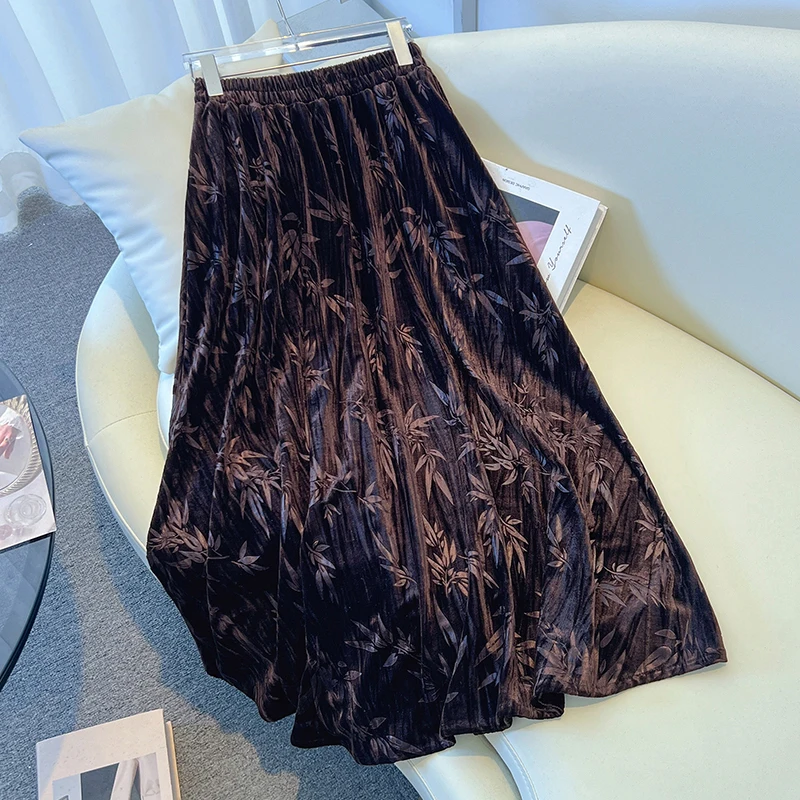 Chinese Style Bamboo Leaf Velvet Skirt For Women Autumn Winter Retro Embossed A-line Skirt Temperament Skirt Female