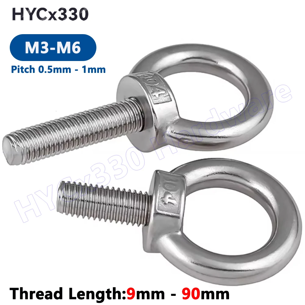 2Pcs M3 M4 M5 M6 304 Stainless Steel Lifting Eye Screw Bolts Round Ring Hook Bolt Screw Fasterners Thread Length 9mm - 90mm