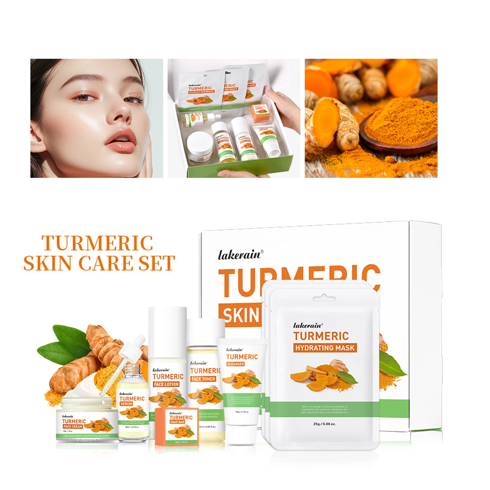 7pcs/set Turmeric Skincare SetReduce Acne Cleansing Cream Temeric Cream Eye Cream face Cleanse Facial Skin Care Kit Gift for Wom