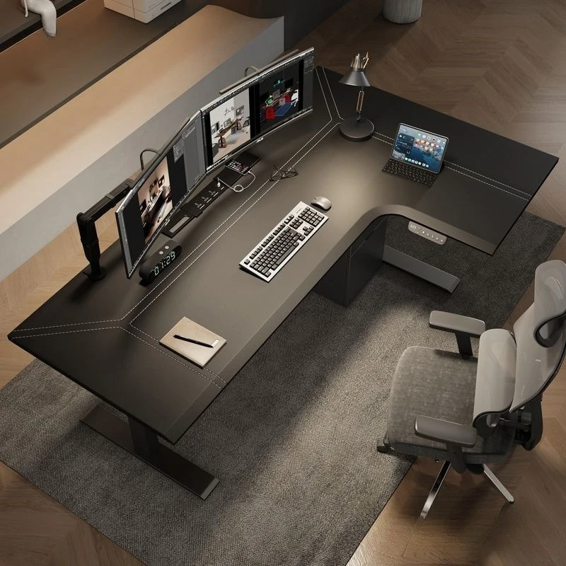 

Electric lifting table L-shaped corner leather workbench desk home e-sports computer desk solid wood desk