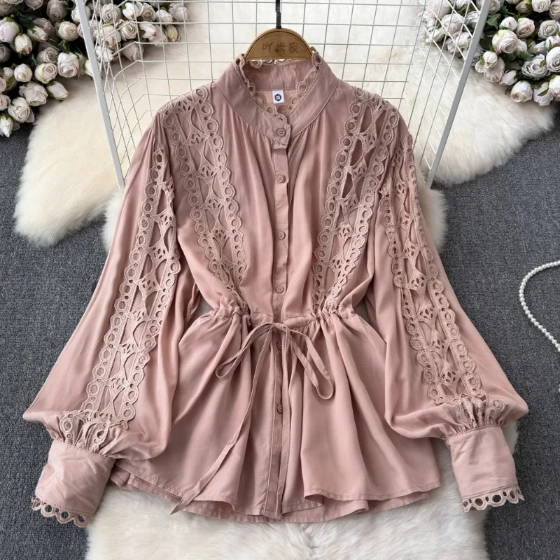 Neploe Elegnt Viintage Stand Collar Shirts Women Spring New Slim Waist Lace Up Blouses Y2k Long Sleeve Hollow Out Blusas Mujer