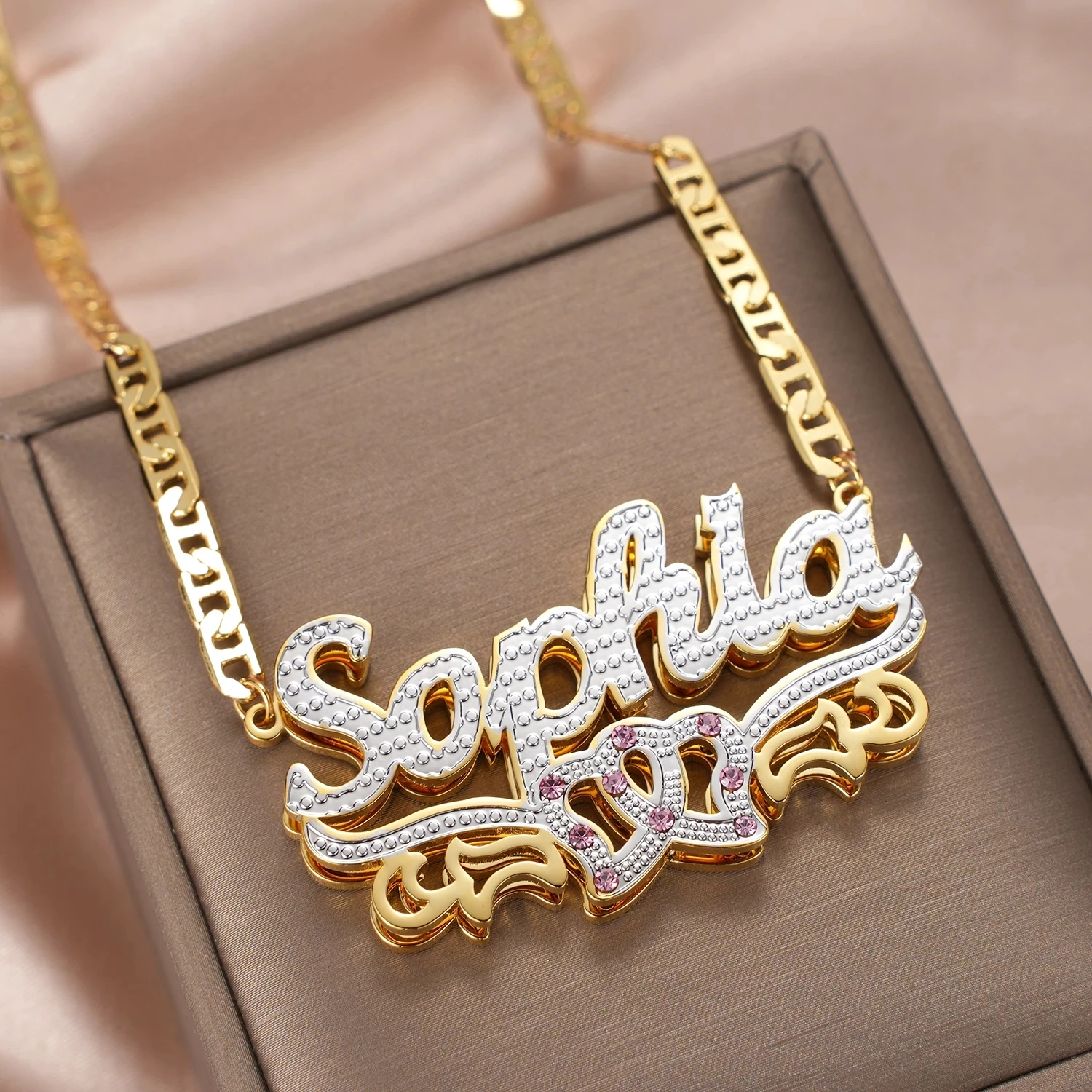 Dascusto Personalized Nameplate Name Necklace Custom 3D 18KGold Plated Double Diamond Choker Pendant Two-Tone  Chain For Women