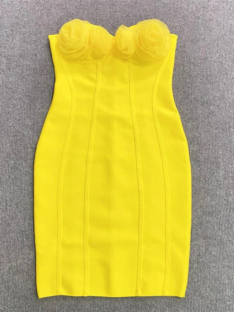 2024 Sexy Strapless Flowers Breast Cup Bandage Dress Women Yellow Mesh Flowers Mini Bodycon Dresses Cocktail Party Evening Gowns