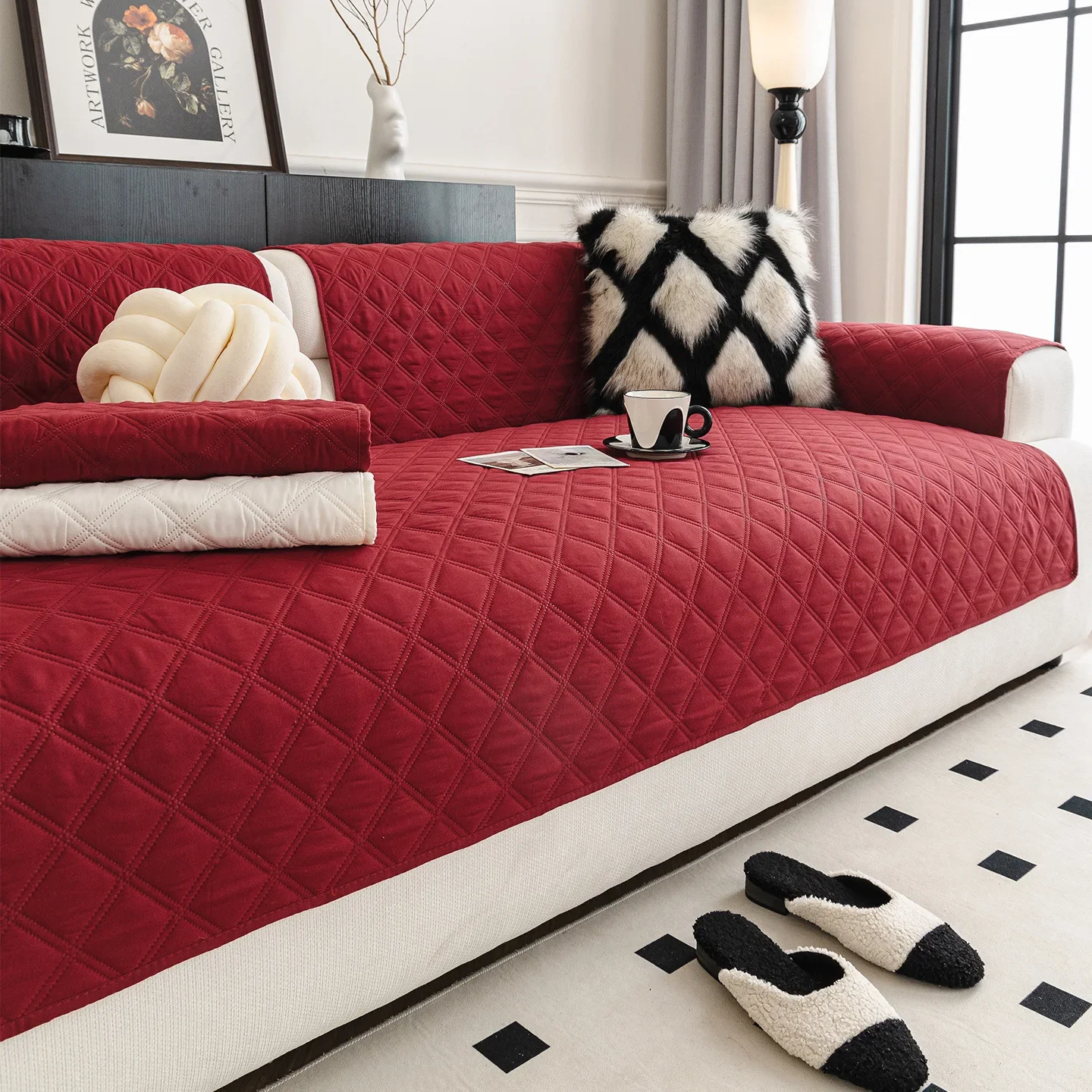 Spring Festival Red Brushed Fabric Sofa Cover New Model All-Season Thickened Non-Slip Solid Color Versatile Cushion Sofa Cover