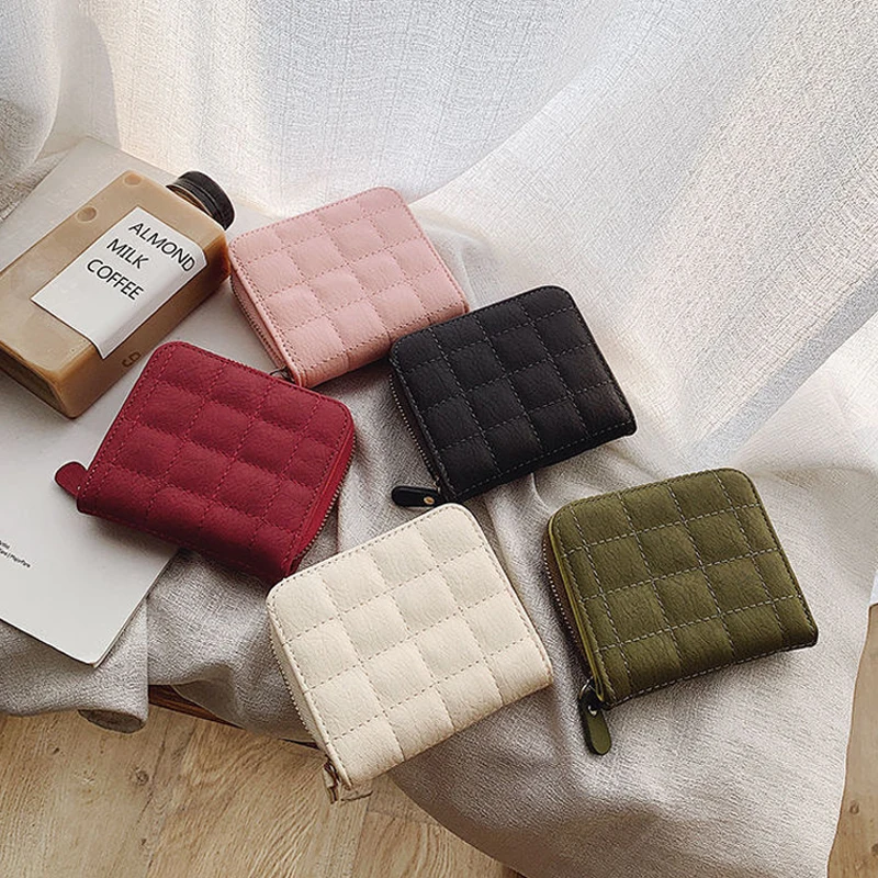 Portafoglio piccolo da donna Portamonete compatto con cerniera Portamonete in tinta unita alla moda Pochette con scomparti multipli per carte