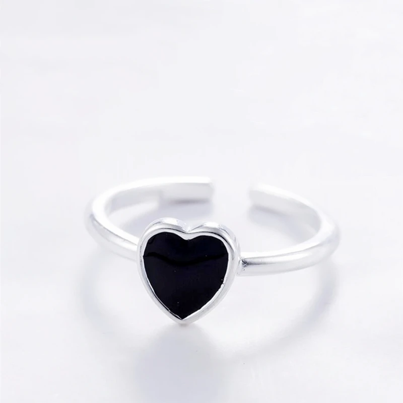 Sole Memory Heart Black Drop Glaze 925 Sterling Silver Female Resizable Opening Rings RI097