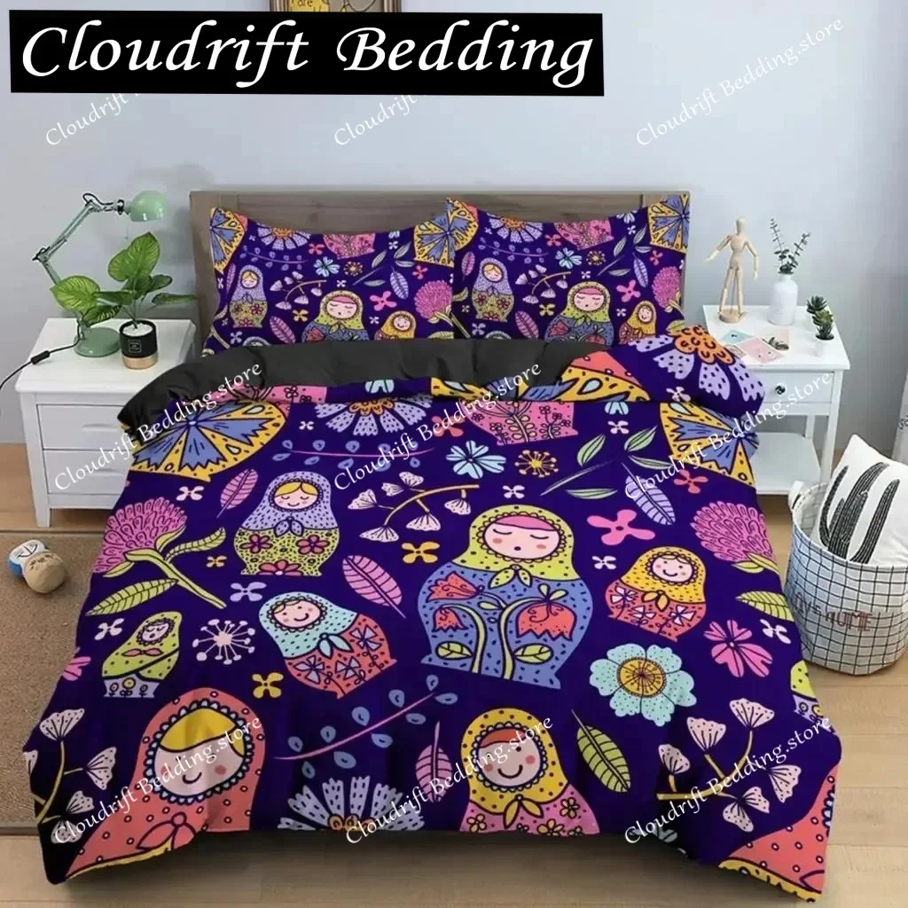 Cute Russian Dolls Duvet Cover Set Microfiber Comforter Cover Exotic Style Bedding Set for Kids Teen Double Queen King Size