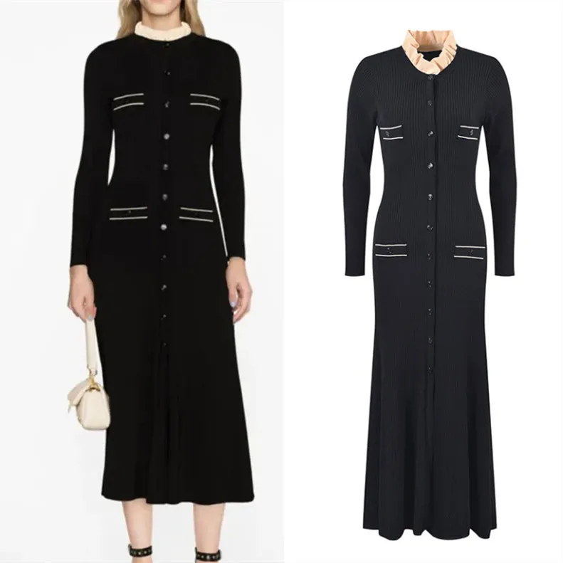 

Ele Long Knitted Dr with Detachable Lace Collar High-End Version Slimming Bla Color Women's Faion Premium Quali