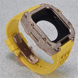 Luxury Titanium Full Bling Diamond Case + Rubber Strap AP Mod Kit for Apple Watch Series 9 8 7 6 5 4