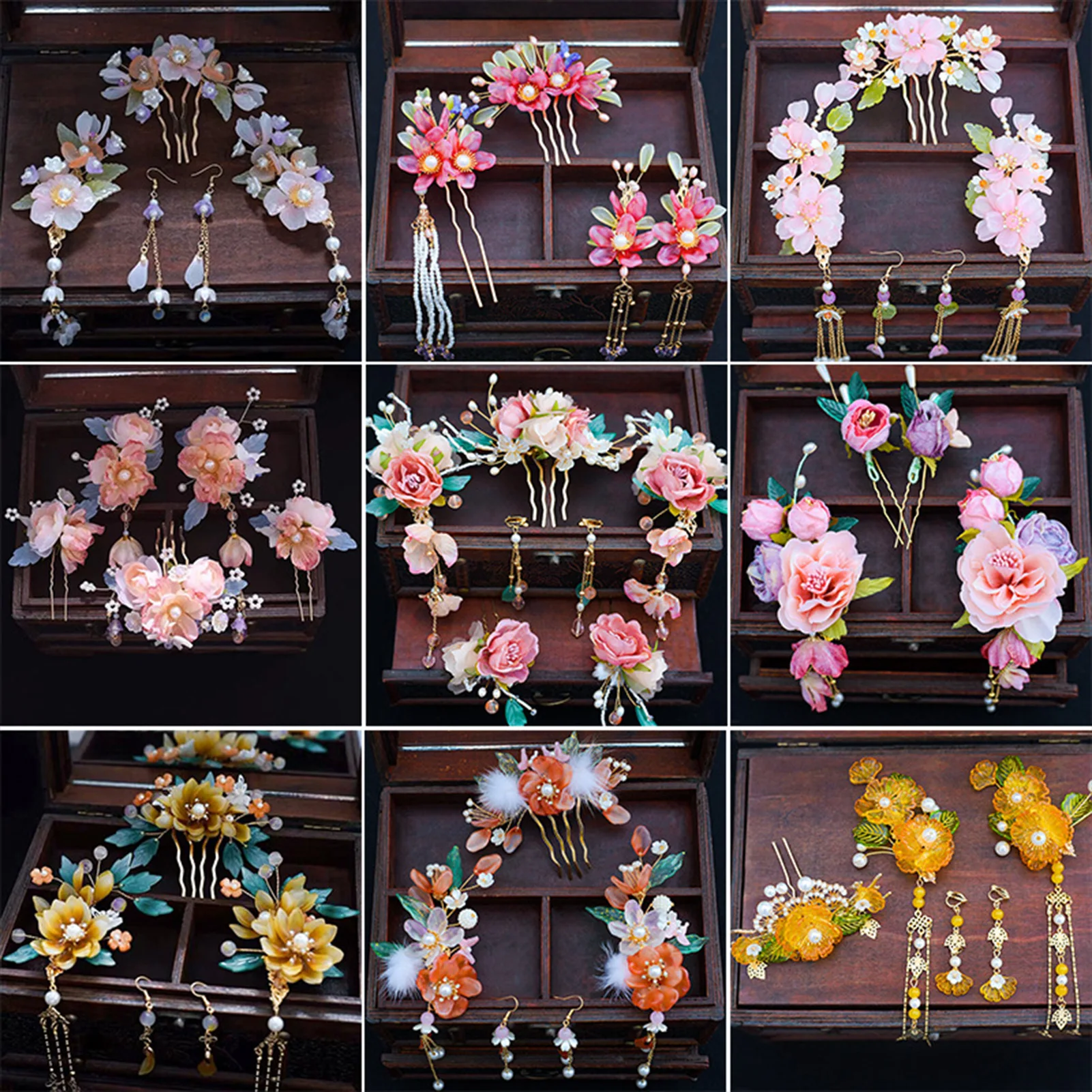 Vintage Hair Stick Earring Chinese Jewelry Sets For Women Floral Tassel Pearl Hair Clip Hairpin Fairy Tiaras Wedding Accessories