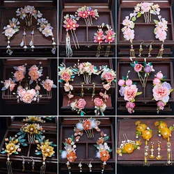 Vintage Hair Stick Earring Chinese Jewelry Sets For Women Floral Tassel Pearl Hair Clip Hairpin Fairy Tiaras Wedding Accessories