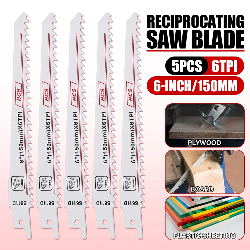 5 قطعة مجموعة شفرات المنشار الترددية للأسنان 6 بوصة 6TPI شفرات المنشار ذات الحافة المنحنية لتقليم الخشب وتقليم الأشجار