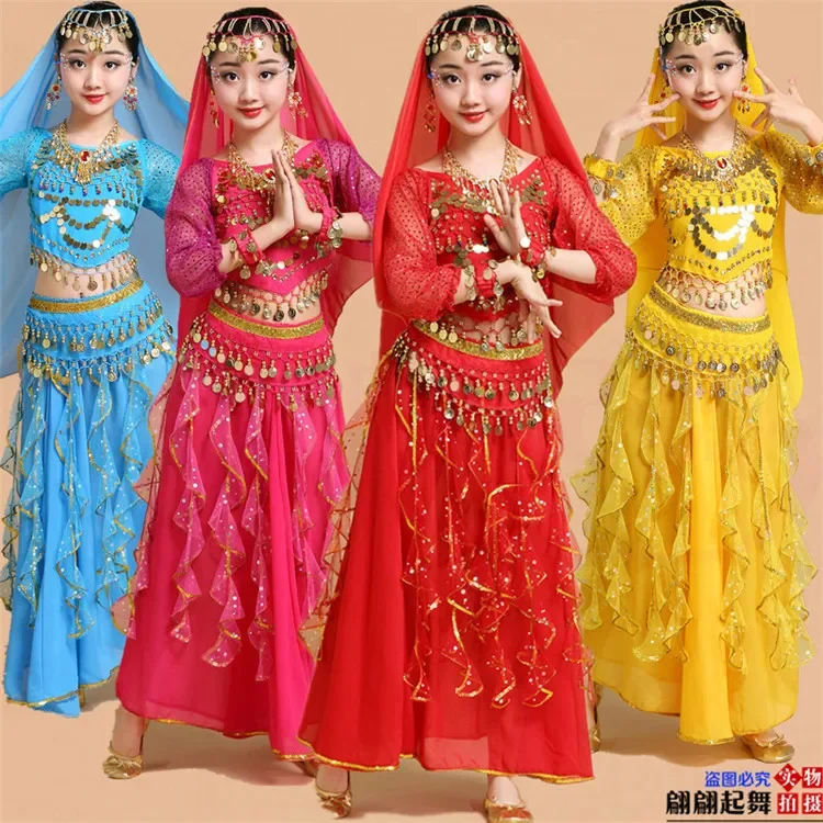 Performance Costume Xinjiang Dance Performance Costume Girl\'s Belly Sleeved Indian Dance Costume Children\'s Ethnic Dance Costume