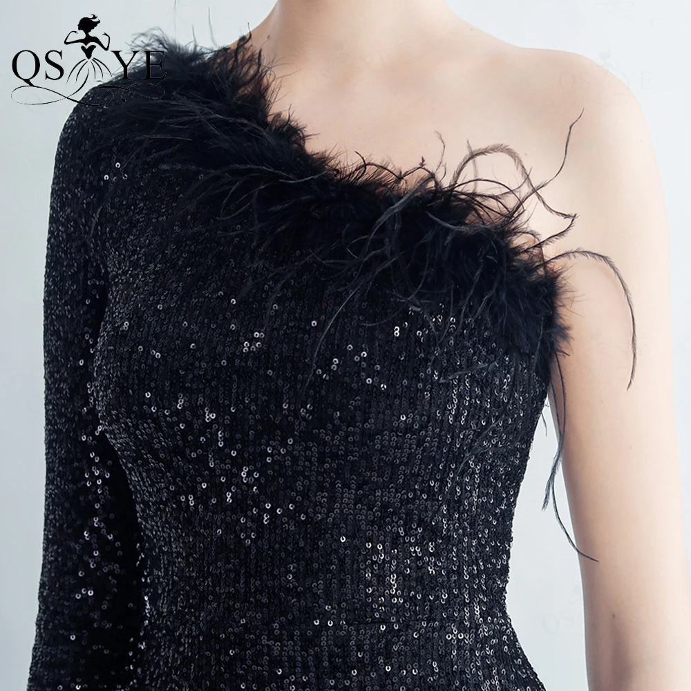 One Shoulder Long Sleeves Black Evening Dresses Ostrich Hair Furs Sequin Mermaid Prom Gown Sexy High Split Girl Party Dress 2023