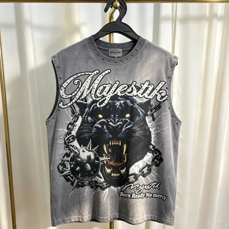 Black Panther Chain Lightning Print MAJESTIK Tshirts American Street Riveted Round Neck Sleeveless Tank Tops Men Women Vest