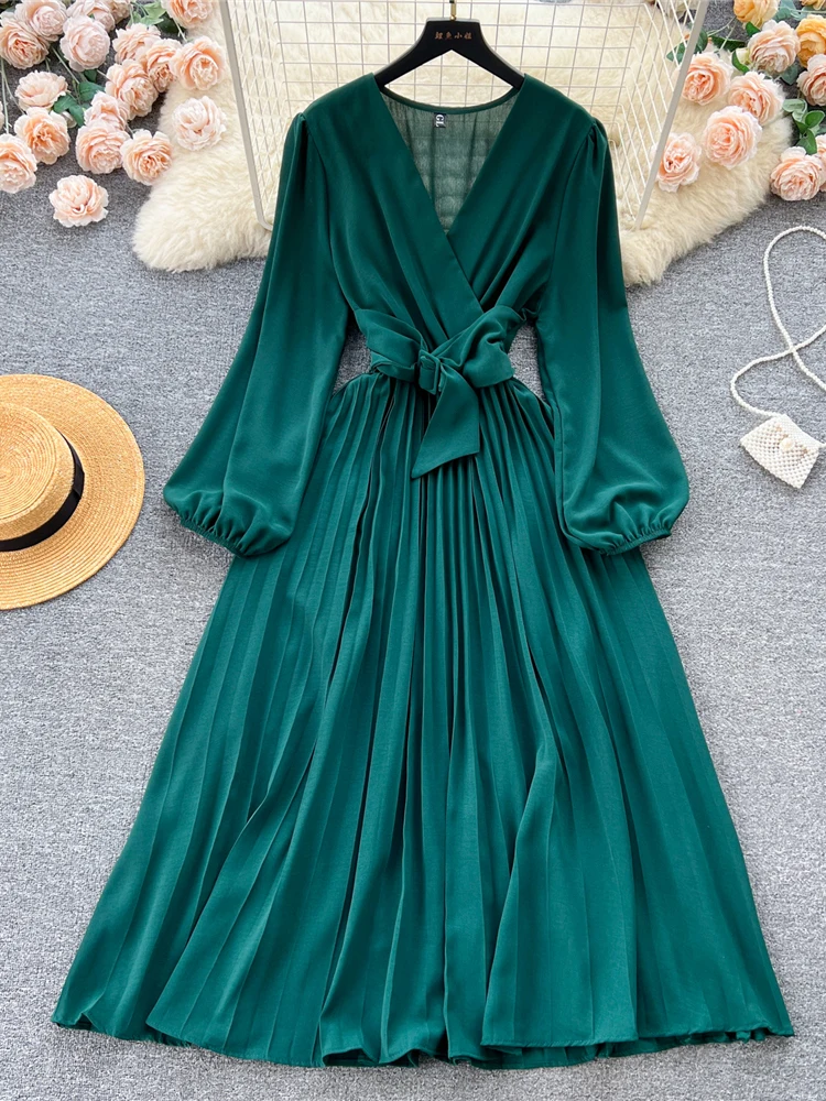 Imagem -03 - Vestido Midi Plissado Vintage Feminino Elegante Decote v Puff Manga Longa Drapinado Cintura Alta Linha a Vermelho Robe Verde Sexy Outono Novo