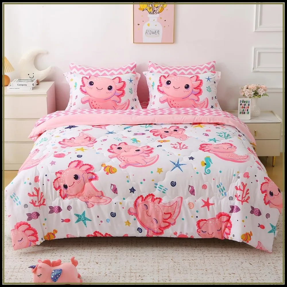 

Pink Axolotl Comforter Set Twin Size 7 Piece Bedding for Teens Kawaii 3D Animals
