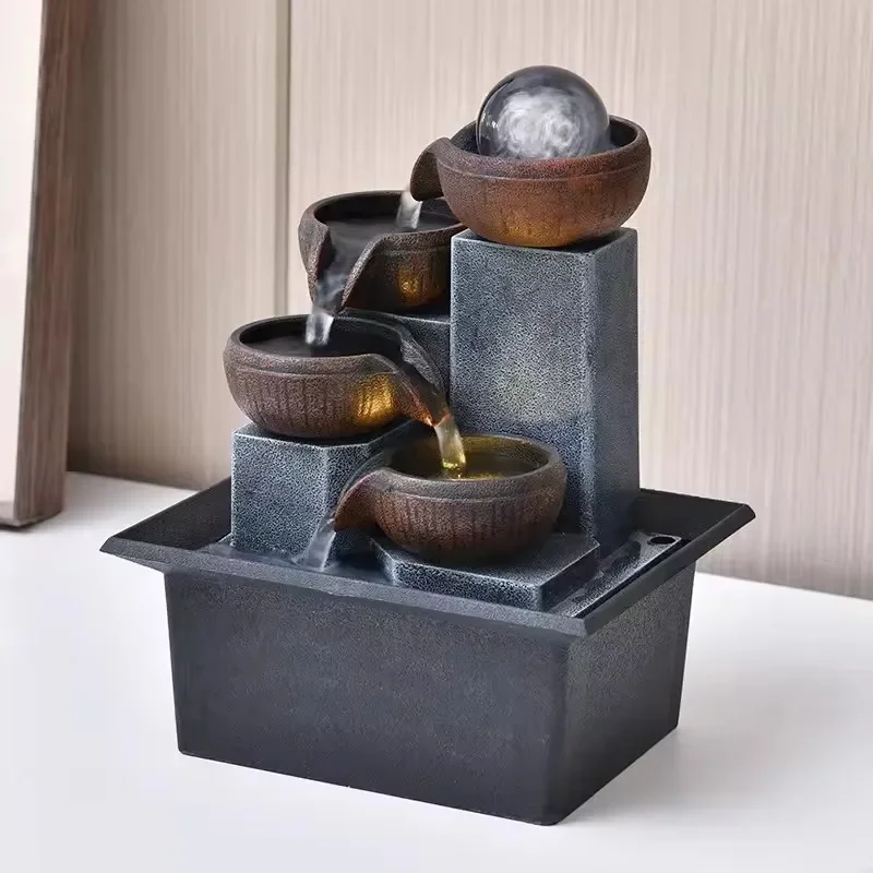 Zen Meditation Water Fountain Polyresin Table Top Four Tier Laminar Flow LED Light For Home Office Relaxation