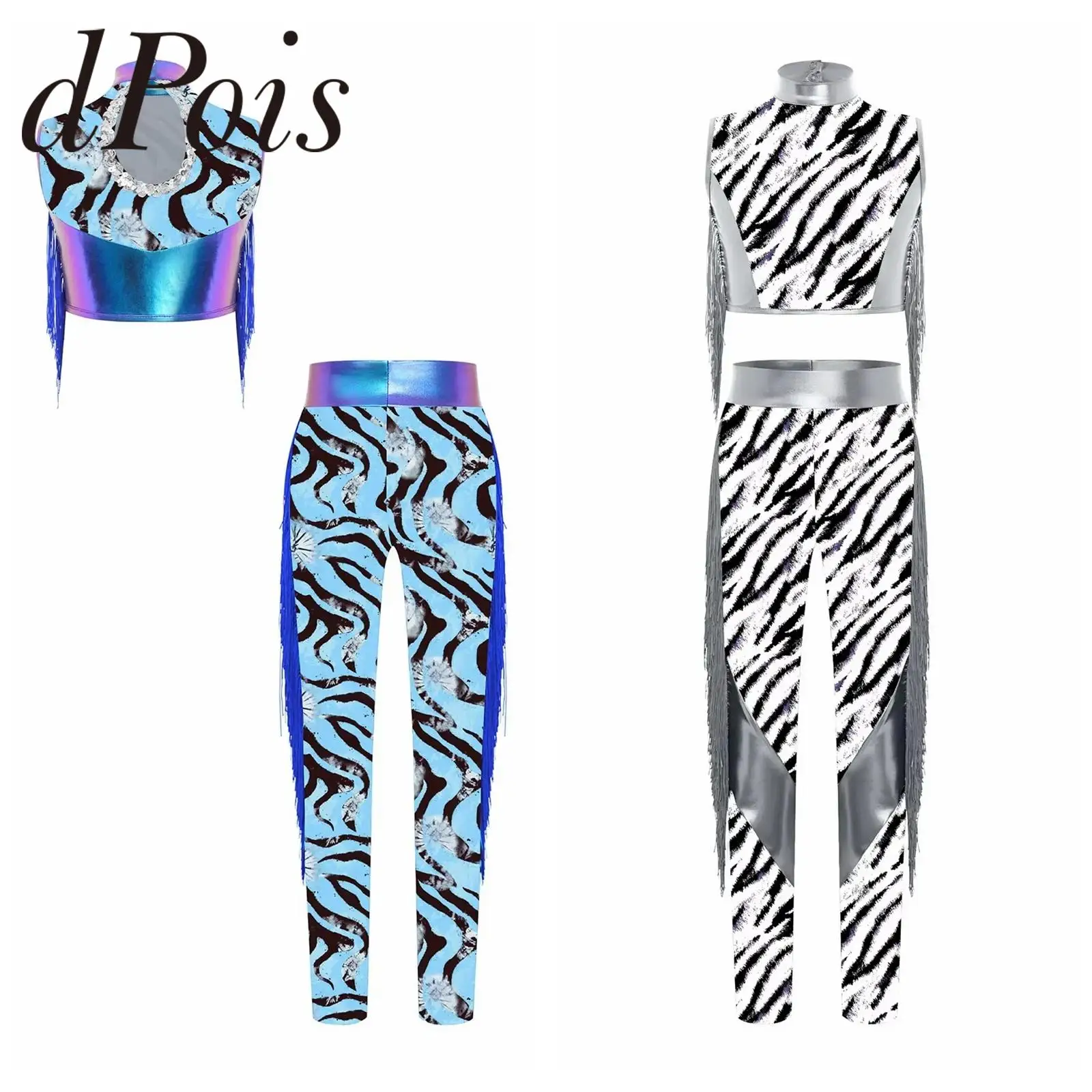 

Детский костюм для джазовых танцев, комплект для девочек в стиле диско-хиппи, праздничный карнавальный наряд с принтом и бахромой, леггинсы для вечеринок