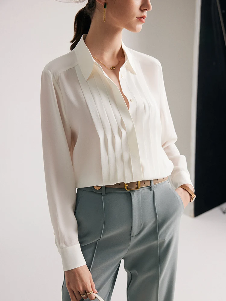 SuyaDream Woman White Shirts 100%Mulberry Silk Turn Down Collar Solid Chic Blouses 2023 Spring Summer Office Lady Top