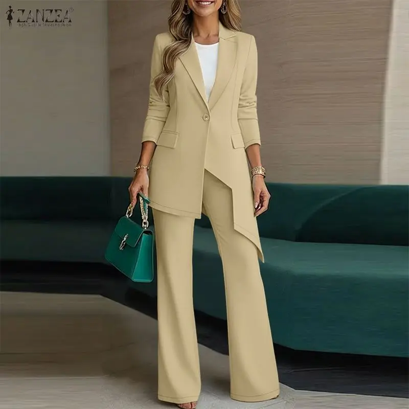 

Fashion 2026 Spring Outfits ZANZEA Women 2 Piece Sets Long Sleeve Asymmetrical Blazer Pant Sets Elegant Solid OL Work Tracksuit