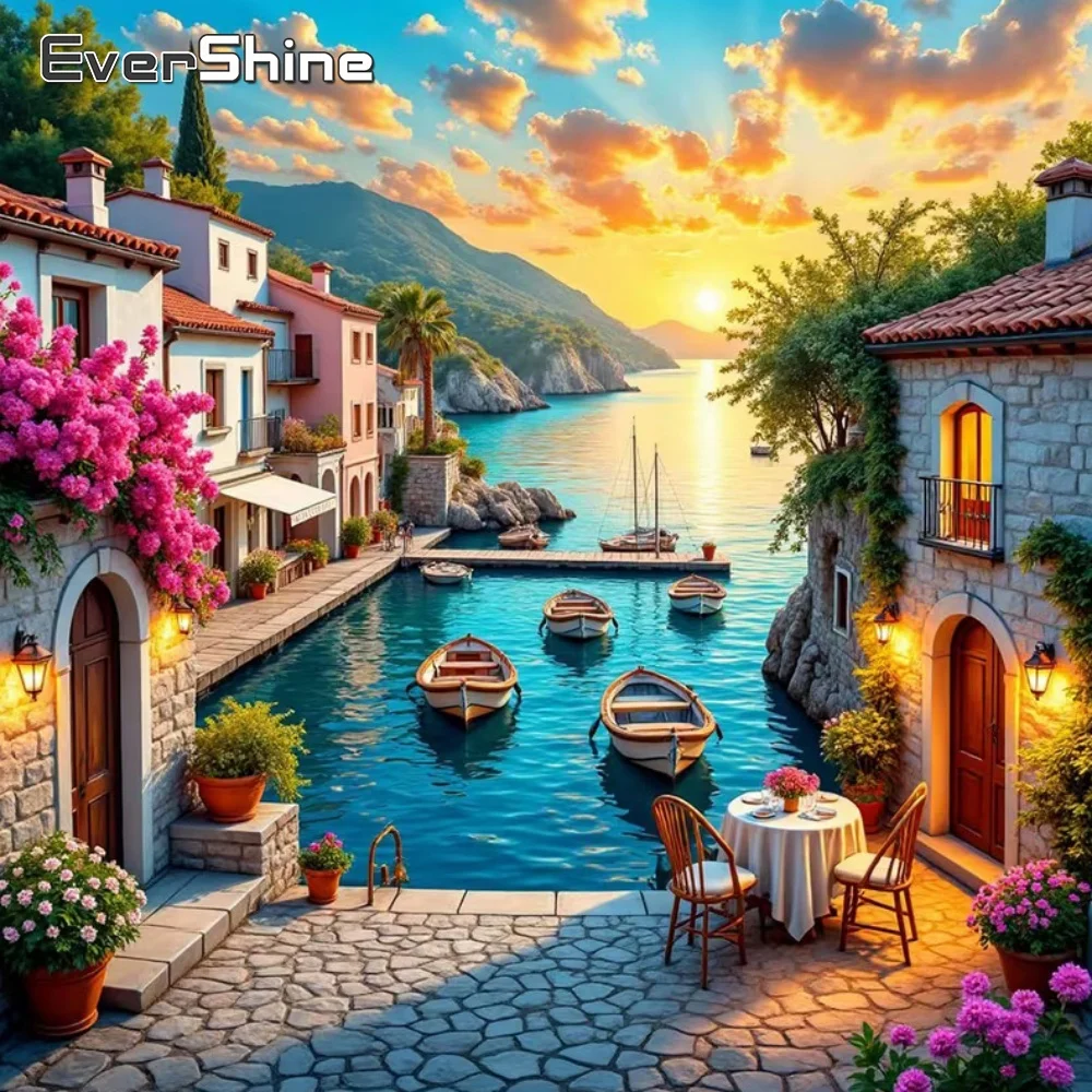 Evershine Full Square Diamond Embroidery Seaside House Rhinestones Painting Boat Needlework Mosaic Mountain Handicraft Wall Art